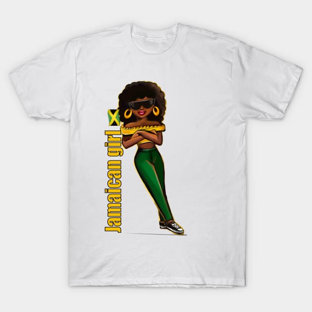 Jamaican girl 2 in the colours of Jamaican flag in black green and gold. The best of Jamaica T-Shirt by Artonmytee